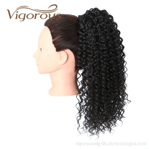 Vigorous High Quality Middle Long Kinky Curly Black Fluffy Heat Resistant Fiber Drawstring Synthetic Ponytail Hair Extension